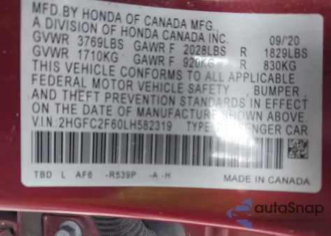 2020 Honda Civic Lx z USA, uszkodzony, nr VIN 2HGFC2F60LH582319